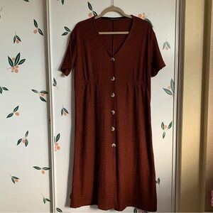 Pull and Bear V Neck Burgundy Ribbed Short Sleeve Elastic Swing Midi Dress